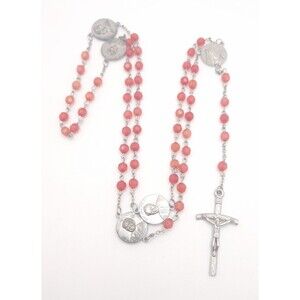 Vintage Pope John Paul II Rosary Pink Faceted Beads Silver Tone Mystery Medals